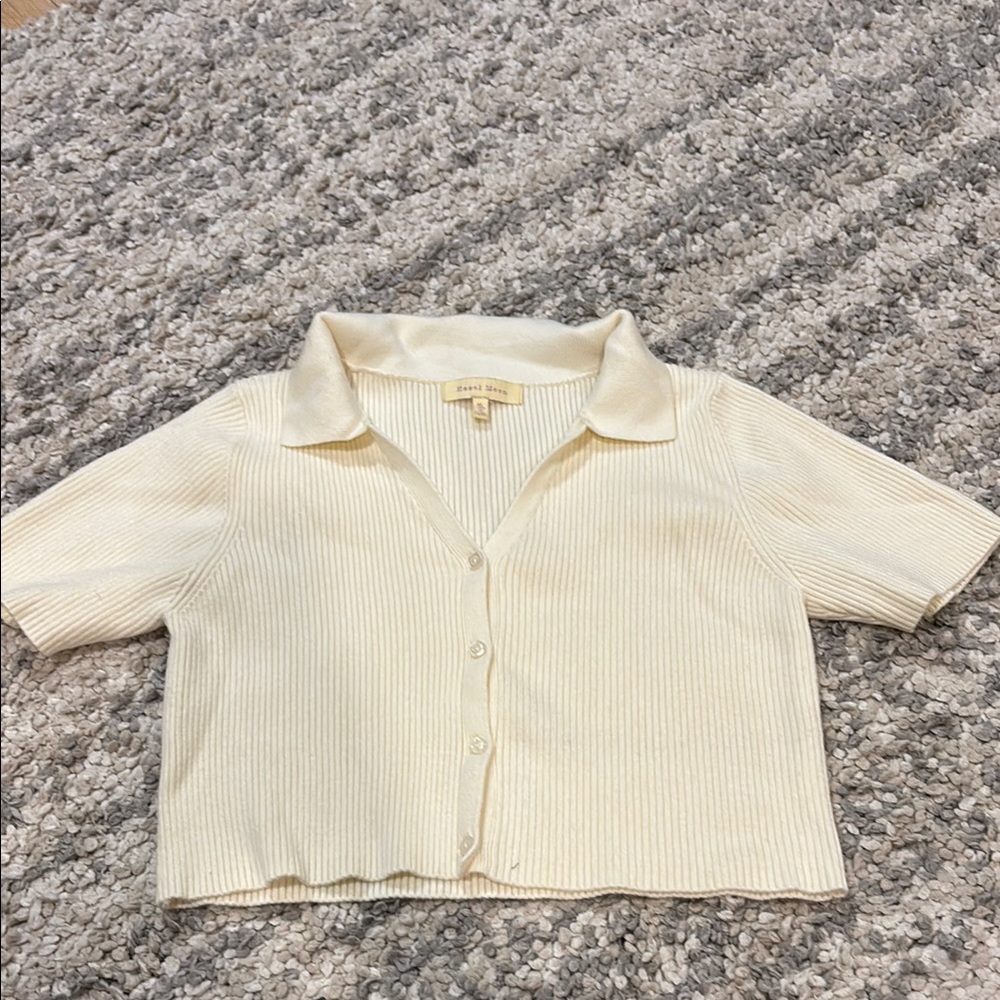 Cream Ribbed Short Sleeve Cropped